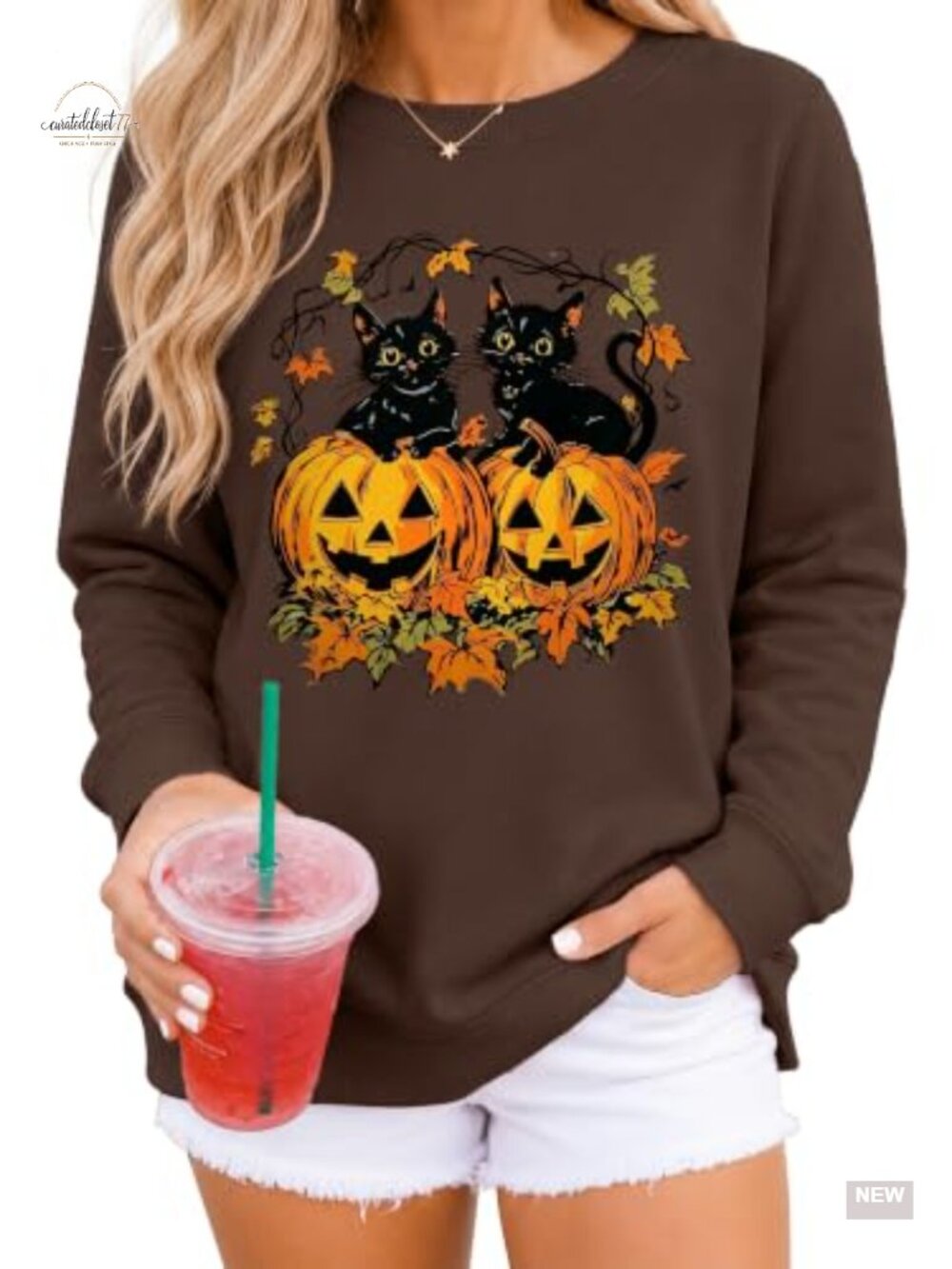 Women's Halloween Sweatshirt Black Cat Pumpkin Pullover Crew Neck Fall Top
